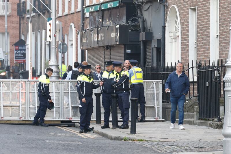 Gardaí at security barriers in Dublin city centre ahead of the Dáil resuming today.  Photograph Nick Bradshaw/The Irish Times