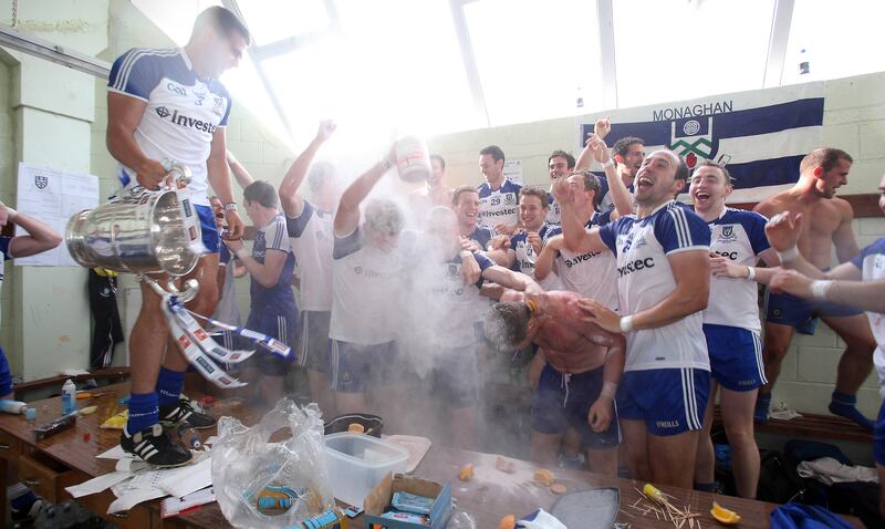 Monaghan celebrate in the dressingroom after beating Donegal to win their first Ulster title in 25 years, in 2013. Photograph: Donall Farmer/Inpho