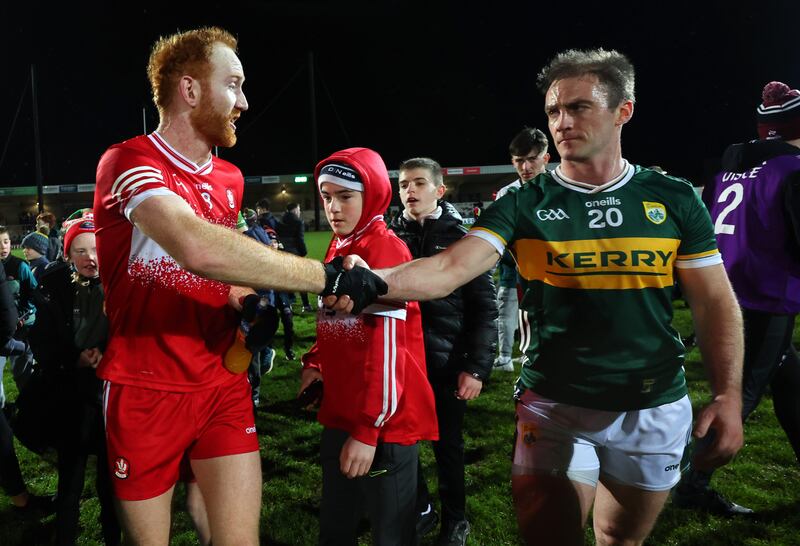 Derry’s Conor Glass and Stephen O'Brien of Kerry after their Allianz Football League Division 1 game at Austin Stack Park, Tralee. Photograph: ©INPHO/James Crombie