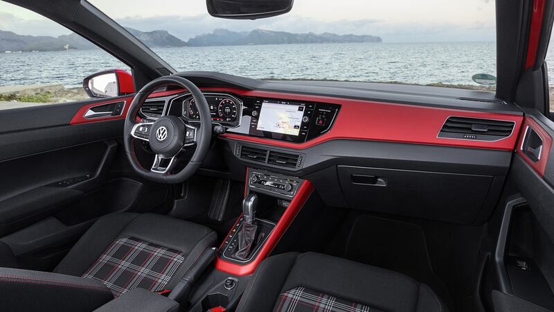 Inside the Polo GTi: €434 buys an upgrade to a fully digital instrument display; classic Clark plaid cloth trim is standard on the GTi’s seats