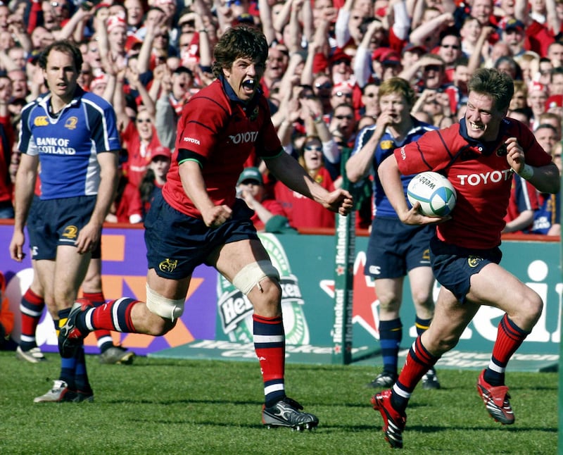 Ronan O'Gara scores a try for Munster in their Heineken Cup semi-final victory against Leinster in 2006. Photograph: Inpho/Getty Images