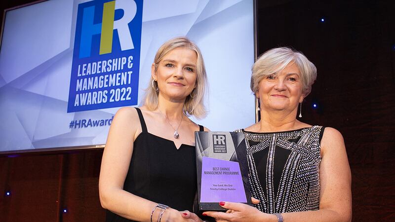 Karina Browne, awards judge, presents the Best Change Management Programme award to Antoinette Quinn, Trinity College Dublin.