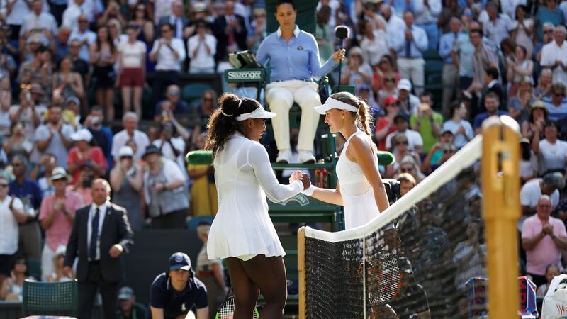 Williams and Mladenovic shake hands at the end. Photo: Peter Nicholls/Reuters