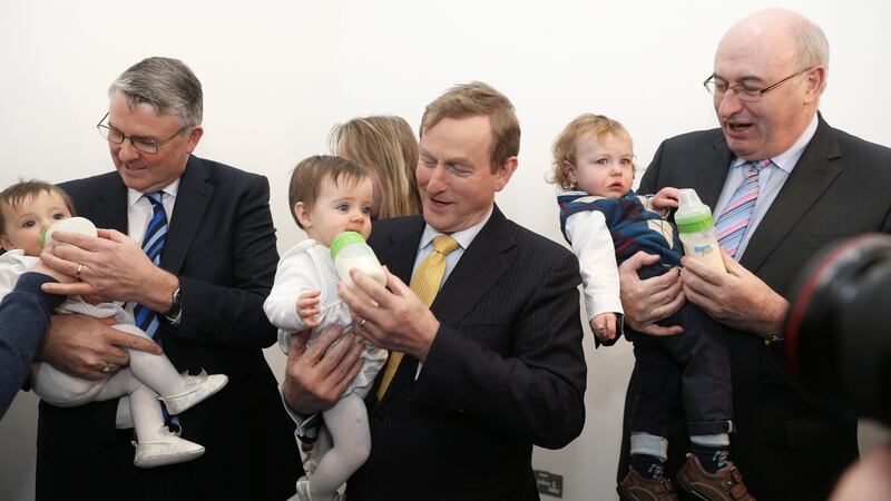 Glanbia Ingredients Ireland CEO Jim Bergin, then-taoiseach Enda Kenny  and then-EU Commissioner for Agriculture Phil Hogan at the launch of a €185 million manufacturing plant which specialises milk in powder products, in 2015. Photograph: Jason Clarke Photography