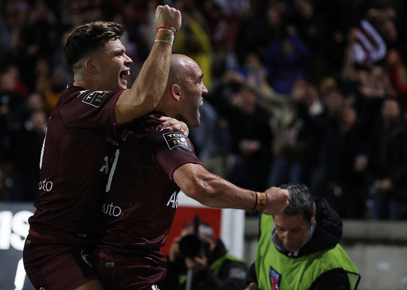 Maxime Lucu and Matthieu Jalibert have been teammates at Bordeaux since 2021. Photograph: Romain Perrocheau/AFP via Getty Images 