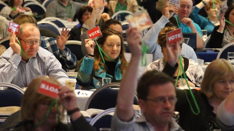 All in favour: teachers voting at the ASTI annual convention in April. Photograph: Patrick Browne