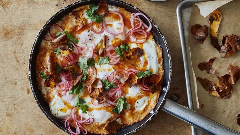 Sweet potato shakshuka with sriracha butter and pickled onions