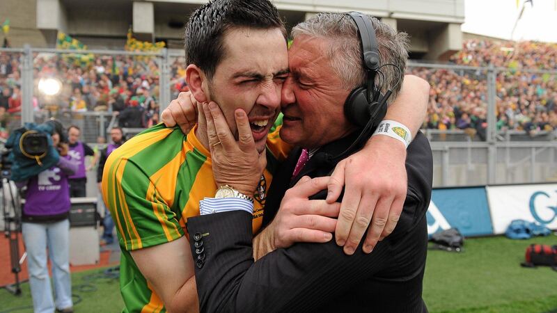 One of Oliver McVeighs favourite pictures, showing Donegal’s Mark McHugh and his father Martin McHugh after the 2012 All-Ireland final. Photograph: Oliver McVeigh/Sportsfile