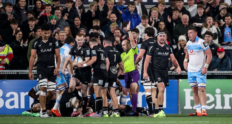 Ulster celebrate after a try from Juarno Augustus. Photograph: Nick Elliott/Inpho