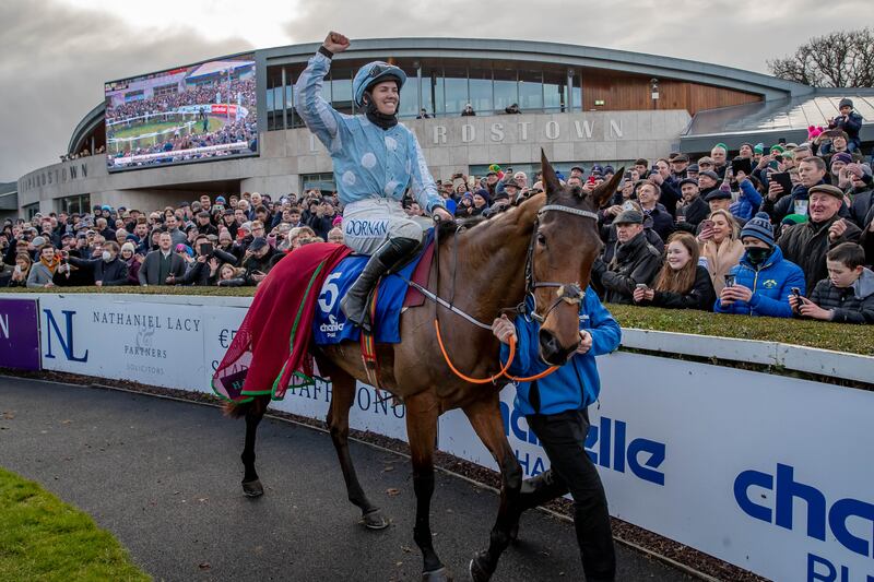 Rachael Blackmore celebrates after completing a hat-trick of Irish Champion Hurdle wins on Honeysuckle at Leopardstown in 2022. Photograph: Morgan Treacy/Inpho