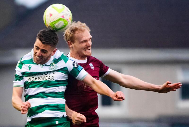 Galway United’s Vincent Borden (right) jumps for a header with Dylan Watts of Shamrock Rovers during a league match this season. Photograph: Evan Logan/Inpho