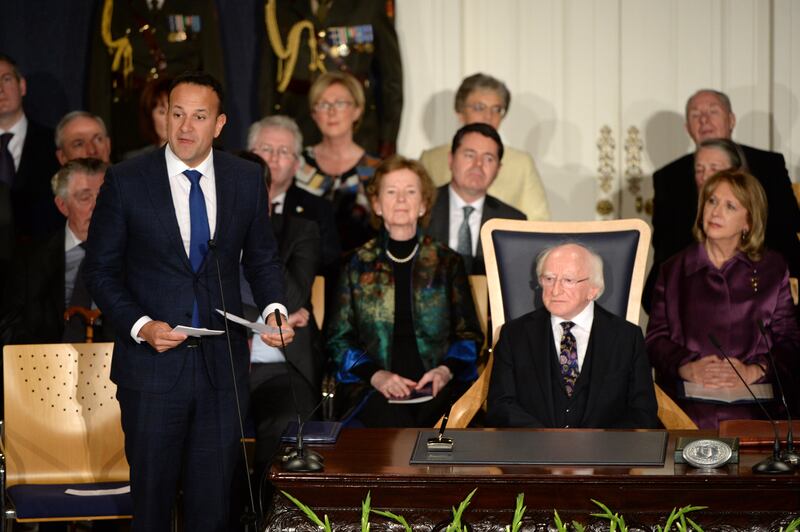 Taoiseach Leo Varadkar in 2018 at the inauguration of Michael D Higgins for his second term as President of Ireland. Photograph: Dara Mac Dónaill