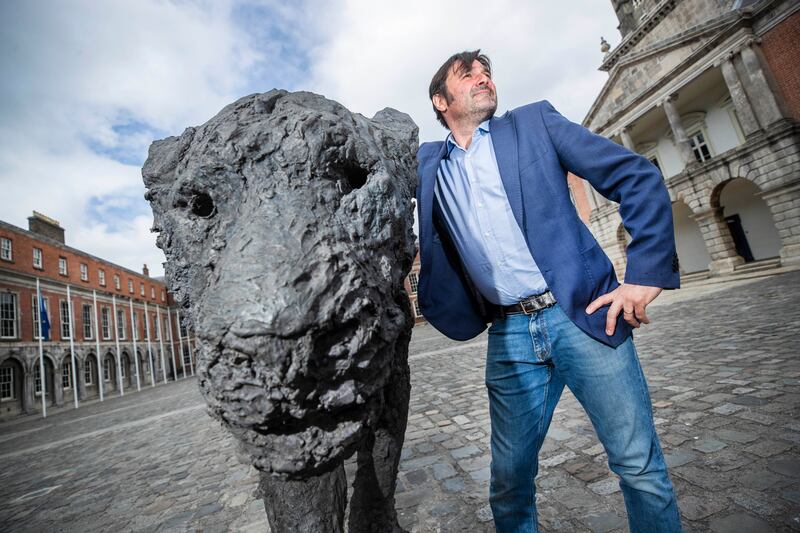 Italian artist Davide Rivalta alongside Leonessa (Lioness) in the Upper Yard of Dublin Castle. Photograph: Finbarr O’Rourke