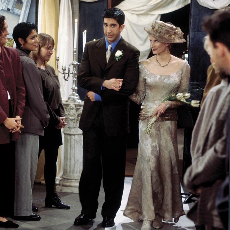 Friends: David Schwimmer with Jane Sibbett as Carol Willick, Ross’s ex-wife and mother of his son, Ben, in “The One with the Lesbian Wedding”