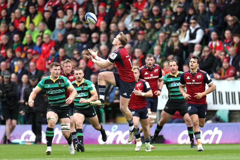 Munster fullback Mike Haley catches the ball during the Investec Champions Cup Round of 16 match against Northampton at Franklin's gardens. Photograph: David Rogers/Getty Images