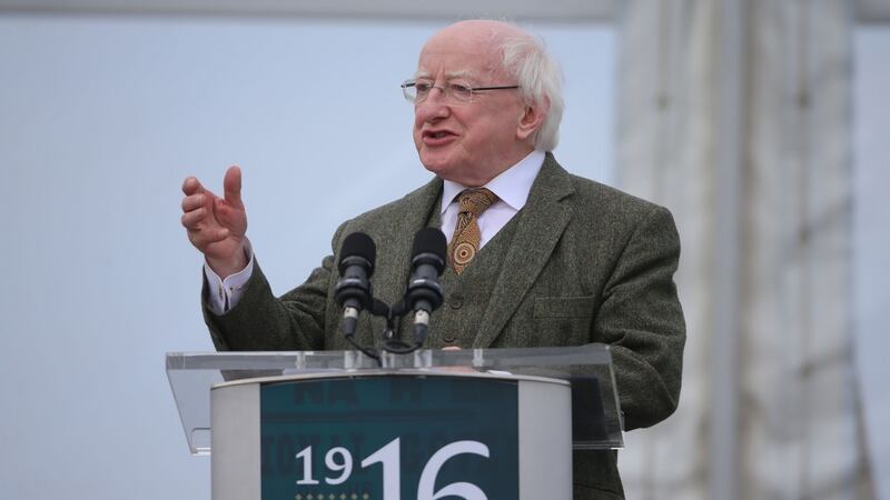 President Michael D Higgins speaking during a ceremony at Banna Strand in Co Kerry to mark the centenary of the capture of Sir Roger Casement. Photograph:  Niall Carson/PA Wire.