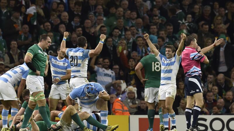 Argentina celebrate as they defeat Ireland in the 2015 Rugby World Cup quarter-final   in Cardiff in October  2015. Photograph: Loic Venance/AFP/Getty Images