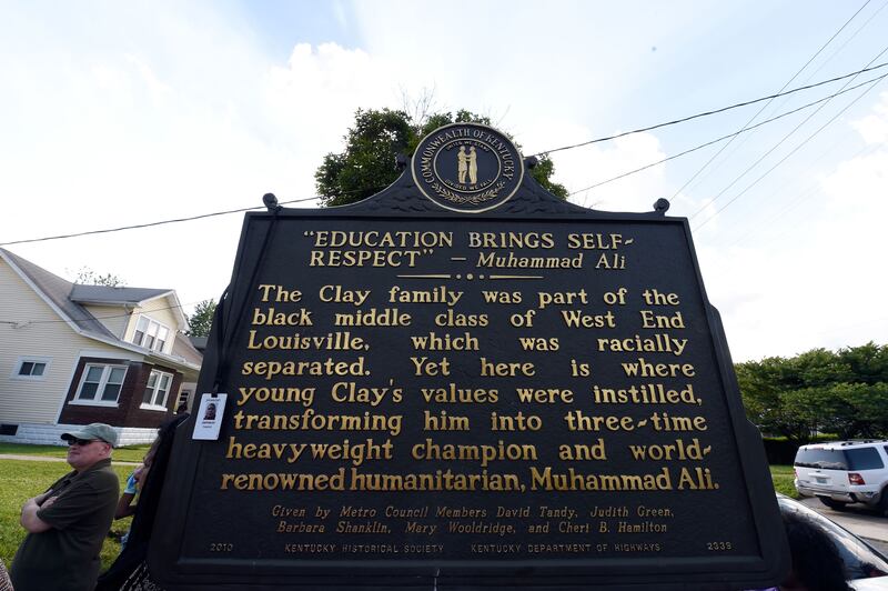 The monument marking the childhood home of Muhammad Ali at 3300 Grand Avenue in Louisville, Kentucky.  Photograph: Stephen J Cohen/Getty Images