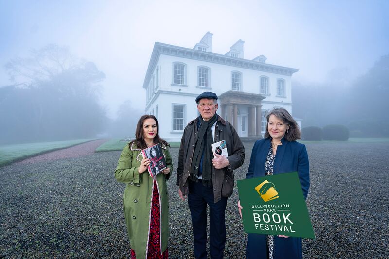 Lyndsy Spence, left, Carlo Gébler and Rosalind Mulholland at the launch of Ballyscullion Park Book Festival