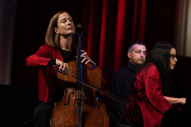 ECM: Hanna Weinmeister; Anja Lechner and Anna Gourari performing at the Triskel Arts Centre.  Photograph: Darragh Kane