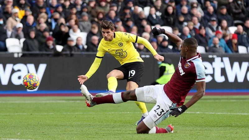 Mason Mount volleys home Chelsea’s second goal during the Premier League game against West Ham at the London Stadium. Photograph: Alex Pantling/Getty Images