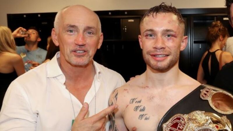 Barry McGuigan with Carl Frampton at a featherweight title contest in New York in July 2016: 'We had a genuine connection,' says Frampton. 'I have spoken of Barry – and you feel like you are being almost disrespectful to your own dad – as a father figure.' Photograph: William Cherry/Inpho/Presseye
