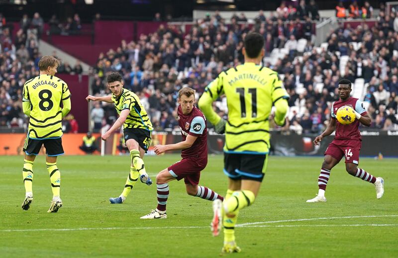 Declan Rice scores Arsenal's sixth goal during the Premier League match against West Ham at London Stadium. Photograph: Adam Davy/PA Wire