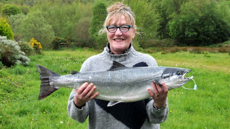 Margaret Logue, East Mayo Anglers Association, with her 12lb fresh run springer caught on the Ballylahan Bridge to Cloongee stretch of the River Moy.