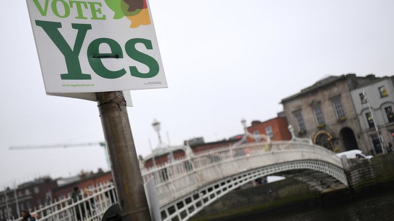 A Vote Yes poster on the Ha’penny Bridge, Dublin, ahead of the May 25th referendum on repealing the Eighth Amendment. Photograph: Reuters/Clodagh Kilcoyne