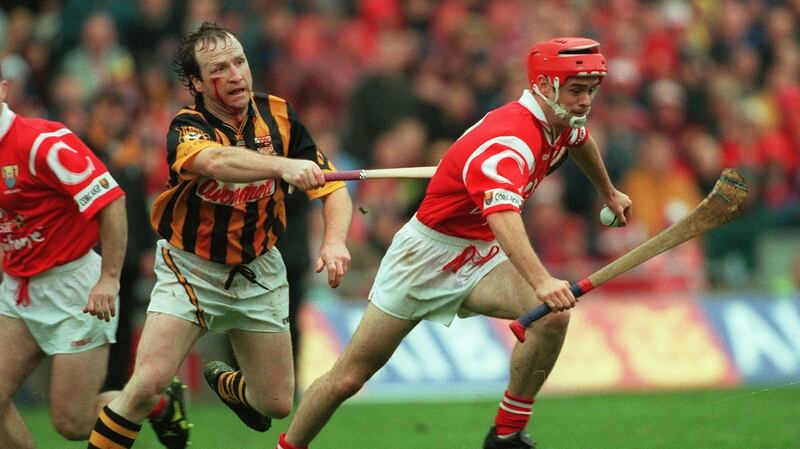 Willie O’Connor challenges Cork’s Sean McGrath during the 1999 All-Ireland final. Photograph: Patrick Bolger/Inpho