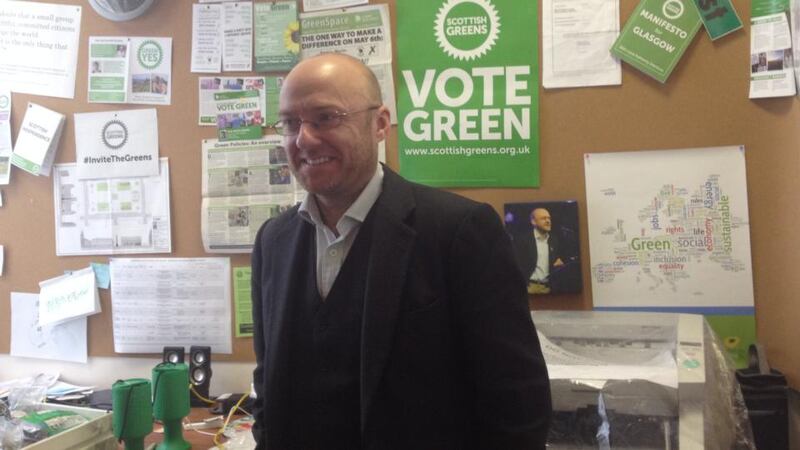 Patrick Harvie of the Scottish Greens in the party’s Glasgow office. Photograph: Mark Hennessy