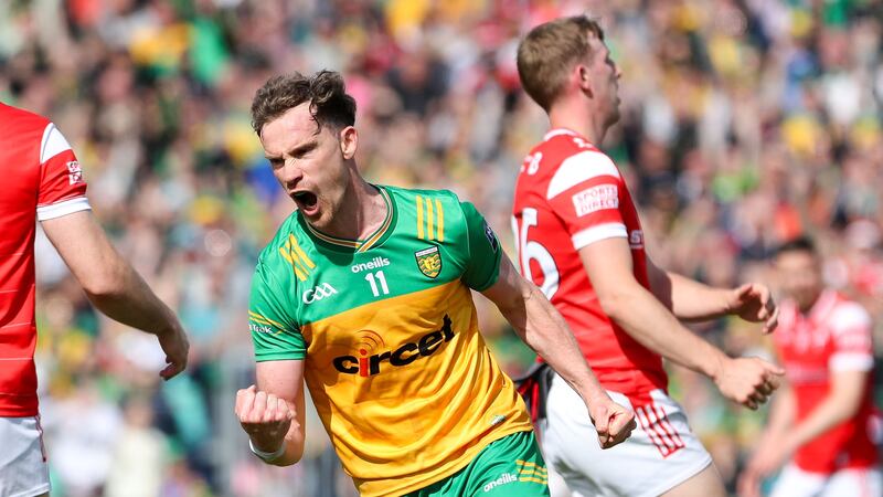 Donegal's Ciarán Thompson celebrates a goal during the preliminary quarter-final against Louth in Ballybofey. Photograph: Lorcan Doherty/Inpho