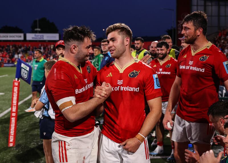 John Hodnett celebrates with Jack Crowley after the final whistle. Photograph: Ben Brady/Inpho
