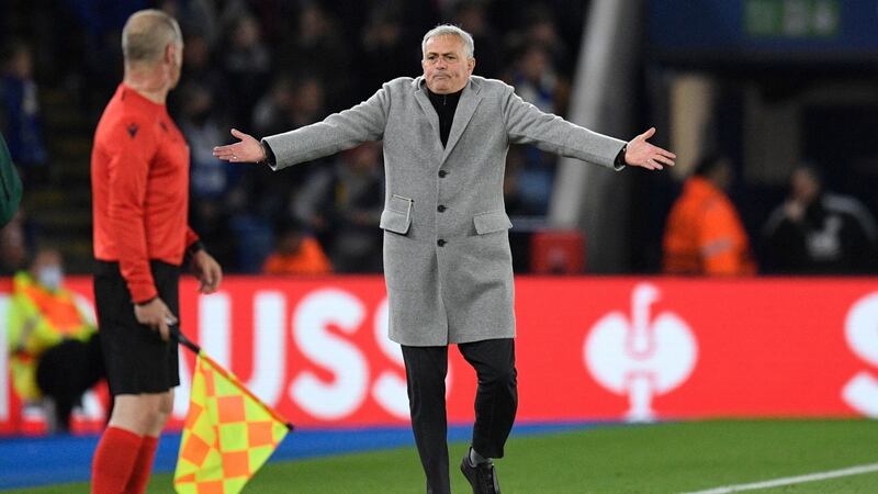 Roma manager Jose Mourinho during his team’s Europa Conference League semi-final first leg  against Leicester City. Photograph: Getty Images