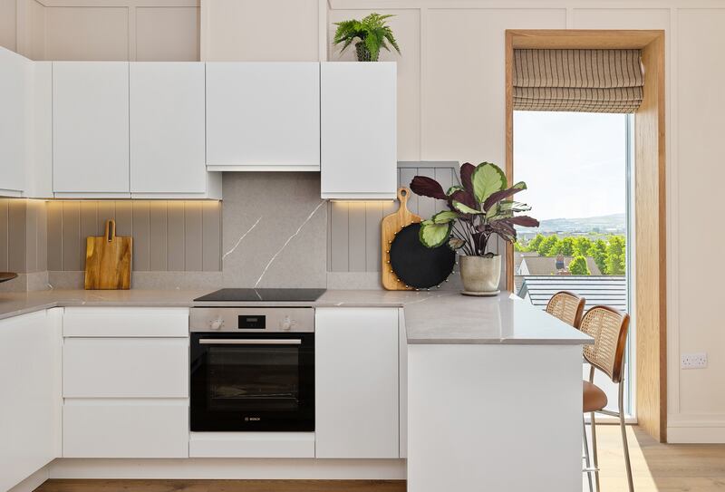 Kitchen with peninusla in two-bed apartment