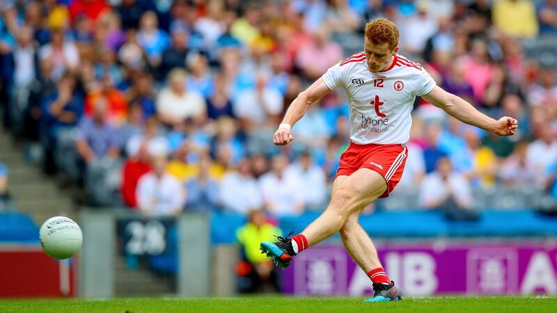 Tyrone’s Peter Harte scores his  penalty. Photograph: Tommy Dickson/Inpho