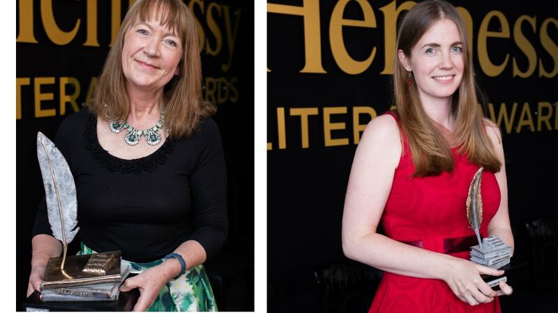 Éilís Ní Dhuibhne, who was inducted into the Hennessy Literary Awards Hall of Fame, and  Hennessy New Irish Writer 2016 award winner Ríona Judge McCormack, at the 45th annual Hennessy Literary Awards, which took place at the RHA Gallery in Dublin last night. Photograph: Anthony Woods