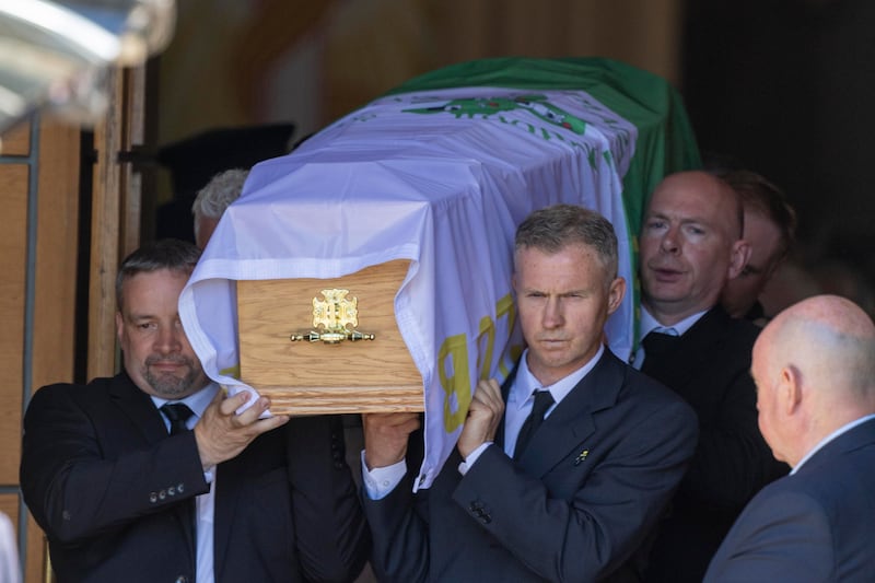 The Coffin of Garda Kevin Flatley leaves St Peter and Paul’s Church, Balbriggan on Friday after his requiem Mass. Photograph: Tom Honan