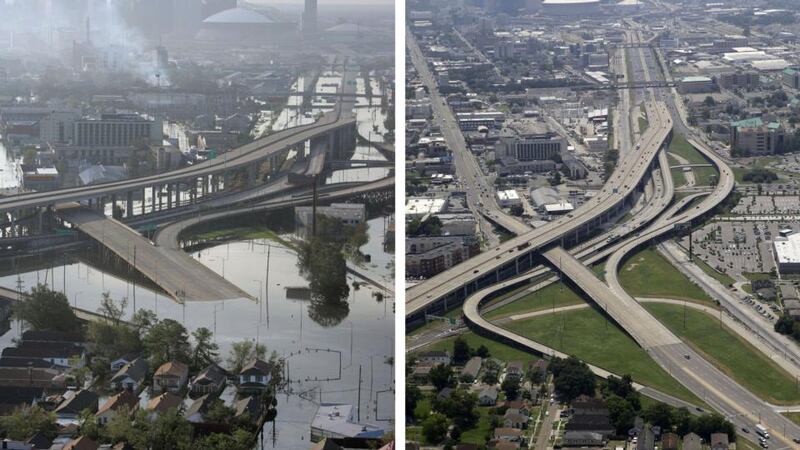A combination image of aerial photos taken in of August 2005 (left) and July  2015  showing the mid city and Palmetto areas of New Orleans flooded by Hurricane Katrina and the same area a decade later. Photograph: AP