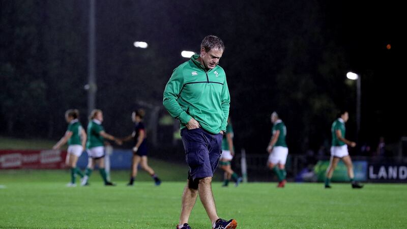 Ireland coach Tom Tierney after the defeat to France at the UCD Bowl. “We can’t level all the responsibility at Tom. We as players didn’t perform,” says Ruth O’Reilly. Photograph: Dan Sheridan/Inpho