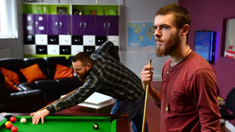 “We’re a family here”: “When I was on the streets”, Eileen says of Michael Lee Sattell (right, with social-care worker Kevin Conlon), “he used to find me and give me food.”  Photograph: Dara Mac Dónaill Staff member Kevin Conlon (left) playing pool with Michael Lee Sattell, Jasmine Mooney, at the Crosscare aftercare hub in Dublin. Photograph: Dara Mac Dónaill/The Irish Times