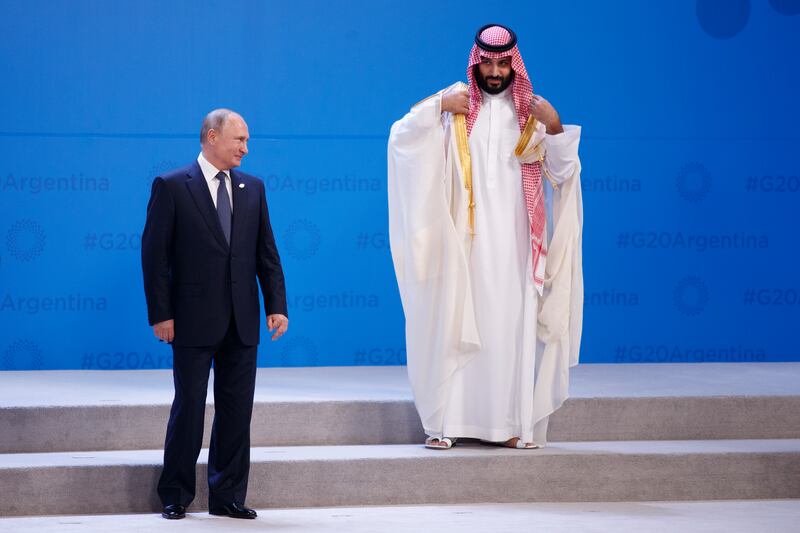 Russian president Vladmir Putin and Crown Prince Mohammed bin Salman of Saudi Arabia during the G20 summit “family photo” in Buenos Aires, Argentina in 2018. Photograph: Tom Brenner/The New York Times
                      