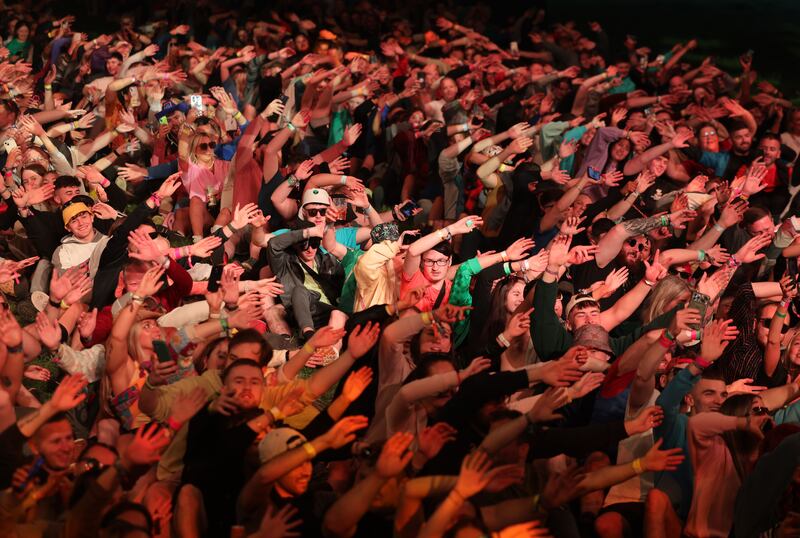 Electric Picnic 2024: thousands of early arrivals in the Terminus tent on Thursday for an attempt to set the Guinness World Record for the largest rock-the-boat dance, in support of Save Our Sons & Daughters, a mental-health and suicide-prevention charity. Photograph: Alan Betson