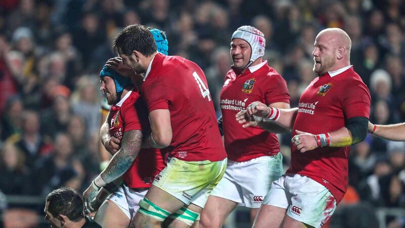 Jack Nowell celebrates scoring their third try with Justin Tipuric, Iain Henderson, Rory Best and Dan Cole. Photograph: Billy Stickland/Inpho