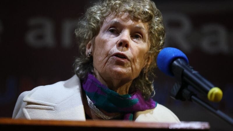 Baroness Kate Hoey, a former British Labour MP for Vauxhall in London,  pointedly noted that  Ulster Unionist Party leader Doug Beattie was absent from the rally trailer. Photograph: Liam McBurney/PA Wire