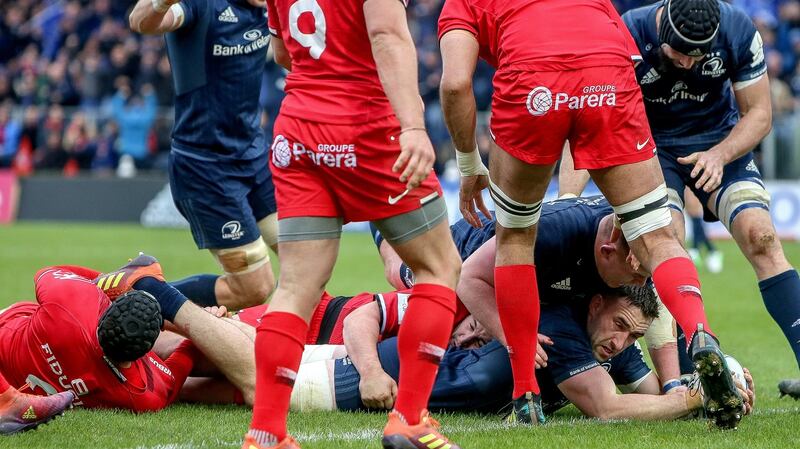 Leinster’s Jack Conan scores his  try in the first half. Photograph: Gary Carr/Inpho