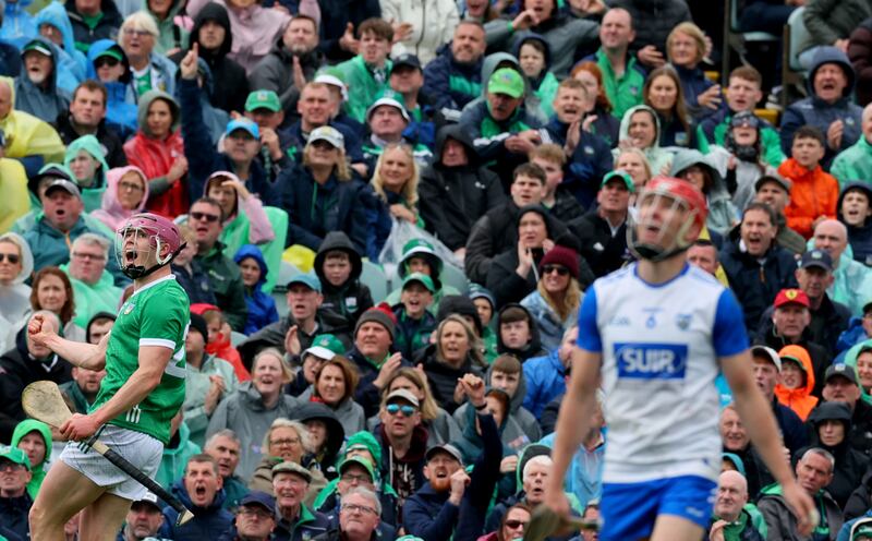 Limerick’s Shane O'Brien celebrates scoring a point against Waterford in the Munster senior hurling championship at the Gaelic Grounds, Limerick. Photograph: James Crombie/Inpho