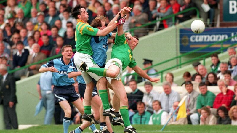 Dublin’s Brian Stynes in action against Leitrim’s Mickey Quinn during the 1994 All-Ireland semi-final. Could the counties ever compete on such an occasion again? Photograph: Lorraine O’Sullivan/Inpho