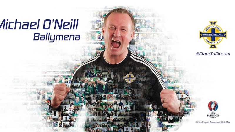 One of the billboards featuring the Northern Ireland football squad and manager Michael O’Neill which are to go up across the country ahead of the summer’s European Championship. Photograph: PA Wire