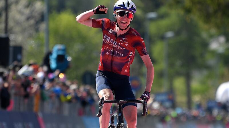 Dan Martin celebrates after winning stage 17 of the 2021 Giro d’Italia from  Canazei to Sega di Ala. Photograph:  Stuart Franklin/Getty Images